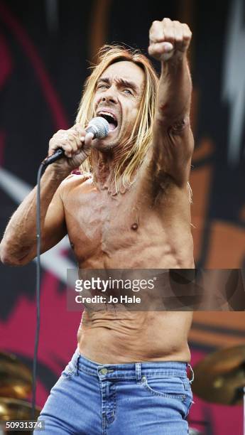 Iggy Pop and the Stooges perform on stage at day one of the "Download Festival" at Donington Park, on June 5, 2004 in Leicestershire, England. The...