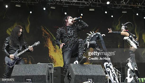 Cradle of Filth perform on stage at day one of the "Download Festival" at Donington Park, on June 5, 2004 in Leicestershire, England. The rock...