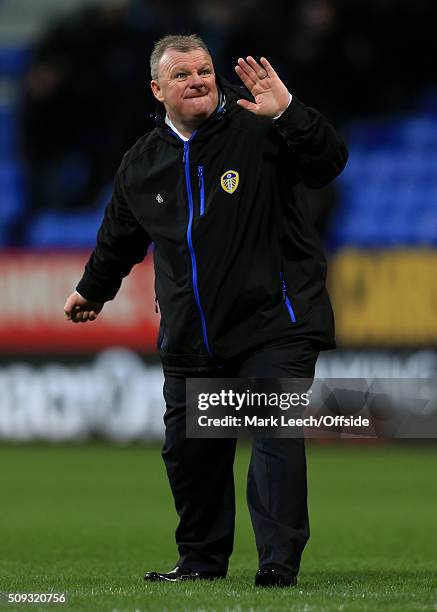 Leeds manager Steve Evans celebrates victory after the Emirates FA Cup Fourth Round match between Bolton Wanderers and Leeds United at the Macron...