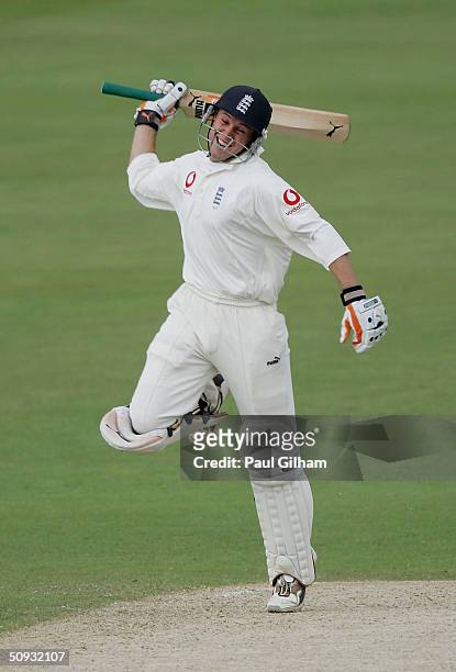 Geraint Jones of England celebrates making a century during the fourth day of the second npower test match between England and New Zealand at...