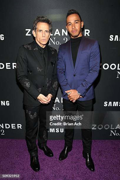 Actor Ben Stiller and Formula One Driver Lewis Hamilton attend the "Zoolander No. 2" World Premiere at Alice Tully Hall on February 9, 2016 in New...
