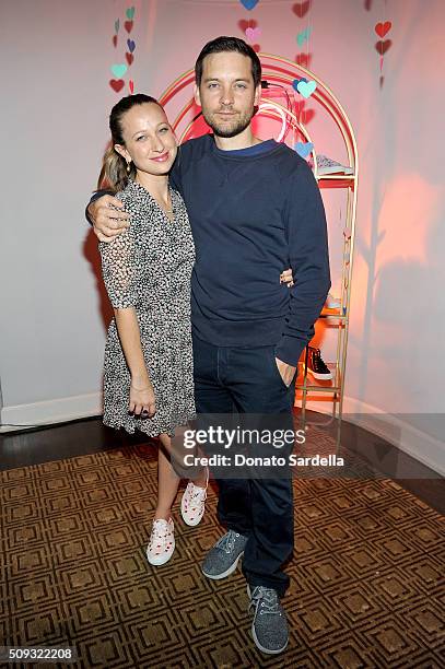 Designer Jennifer Meyer and actor Tobey Maguire attend the Superga XO Jennifer Meyer Collection Launch Celebration at Chateau Marmont on February 9,...