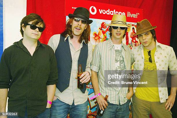 Supergrass pose backstage at the annual T4 Pop Beach outdoor concert on Great Yarmouth Beach on June 6, 2004 in Norfolk, England.