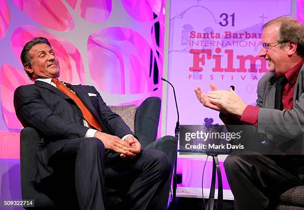 Actor Sylvester Stallone speaks with Moderator Pete Hammond at the Montecito Award at the Arlington Theater at the 31st Santa Barbara International...
