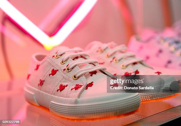 Superga shoes on display during the Superga XO Jennifer Meyer Collection Launch Celebration at Chateau Marmont on February 9, 2016 in Los Angeles,...