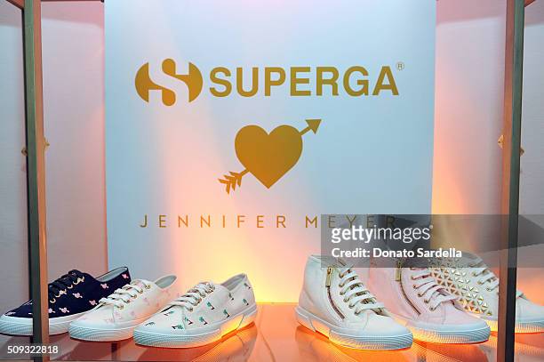 Superga shoes on display during the Superga XO Jennifer Meyer Collection Launch Celebration at Chateau Marmont on February 9, 2016 in Los Angeles,...