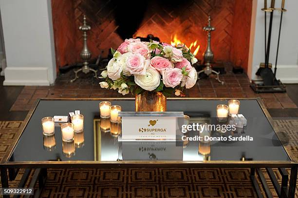 Sponsor branding is seen during the Superga XO Jennifer Meyer Collection Launch Celebration at Chateau Marmont on February 9, 2016 in Los Angeles,...