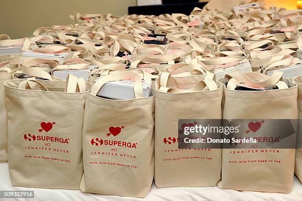 Gift bags on display during the Superga XO Jennifer Meyer Collection Launch Celebration at Chateau Marmont on February 9, 2016 in Los Angeles,...
