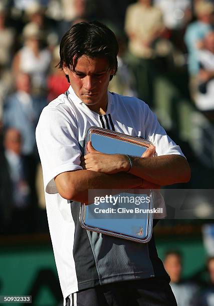 Guillermo Coria of Argentina after losing his men's final match against Gaston Gaudio of Argentina during Day Fourteen of the 2004 French Open Tennis...