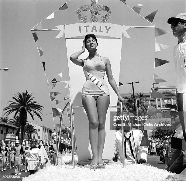 Miss Italy, Clara Copella, Miss Universe Contestant poses during a parade in Long Beach, California.