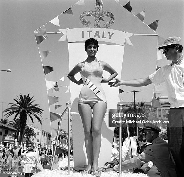 Miss Italy, Clara Copella, Miss Universe Contestant poses during a parade in Long Beach, California.