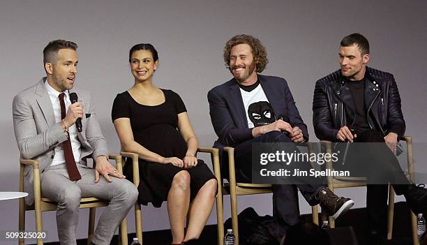 Actors Ryan Reynolds, Morena Baccarin, TJ Miller, and Ed Skrein attend Apple Store Soho Presents Meet The Actor: Ryan Reynolds, Morena Baccarin, TJ...