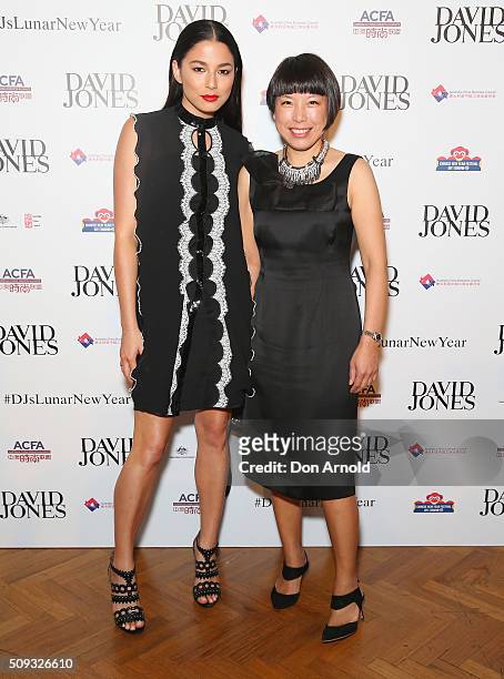 Jessica Gomes and Angelica Cheung arrive ahead of the Lunar New Year Designer Collection Launch Party at David Jones Elizabeth Street Store on...