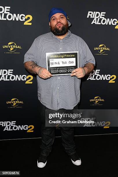 Adam Briggs of Hilltop Hoods arrives ahead of the Ride Along 2 Australian Premiere at Hoyts Melbourne Central on February 10, 2016 in Melbourne,...