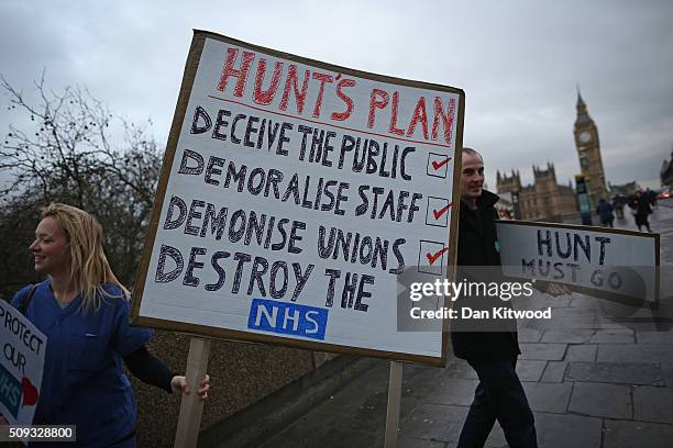 Junior Doctors carry a placard on Westminster Bridge as they demonstrate outside St Thomas's Hospital on February 10 in London, England. Junior...