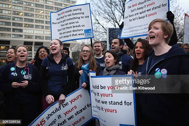 Junior Doctors NHS choir sing and protest outside St Thomas's Hospital on February 10 in London, England. Junior Doctors across the United Kingdom...