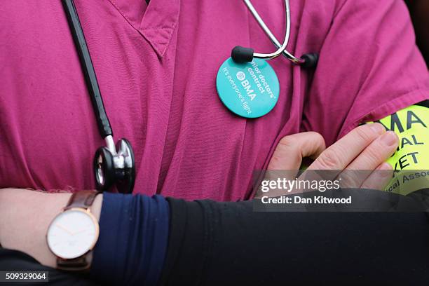 Junior Doctors demonstrate outside St Thomas's Hospital on February 10 in London, England. Junior Doctors across the United Kingdom began a 24 hour...