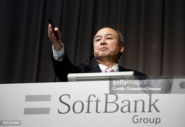 SoftBank Group Corp. Chairman and Chief Executive Officer Masayoshi Son speaks during a press conference on February 10, 2016 in Tokyo, Japan....