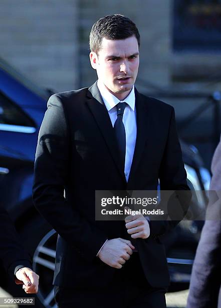 Adam Johnson arrives at the Crown Court on February 10, 2016 in Bradford, England. The Sunderland FC midfielder, aged 28 and from Castle Eden, County...