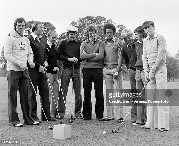 Preparing to tee-off on their golf day, West Bromwich Albion footballers pose for the camera, 4th October 1978. Left-right: Colin Addison, Ron...