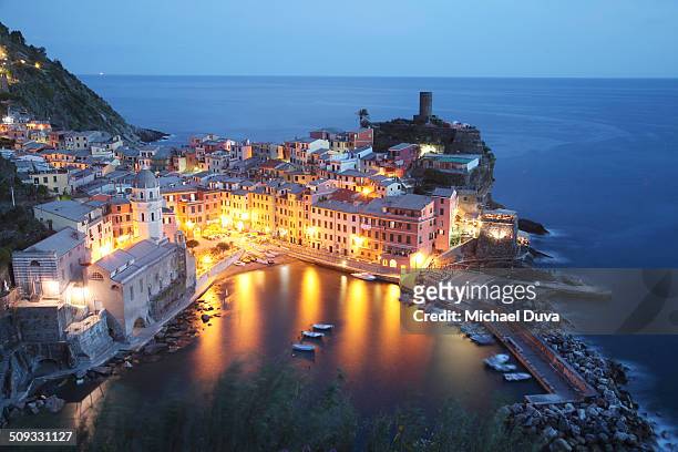 aerial view of vernazza port at night - corniglia stock pictures, royalty-free photos & images