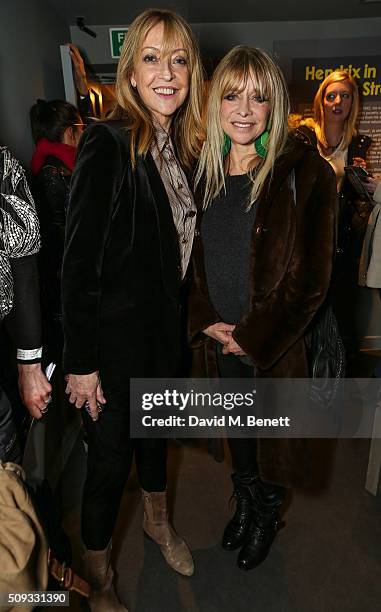 Sharon Maughan and Jo Wood attend a private view of "Hendrix At Home" at Jimi Hendrix's restored former Mayfair flat on February 9, 2016 in London,...