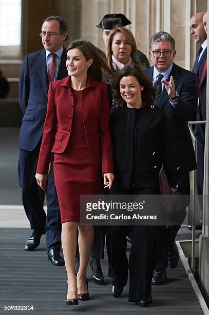 Queen Letizia of Spain and Spanish Vice President Soraya Saenz de Santamaria visit the Royal Palace on February 10, 2016 in Madrid, Spain.
