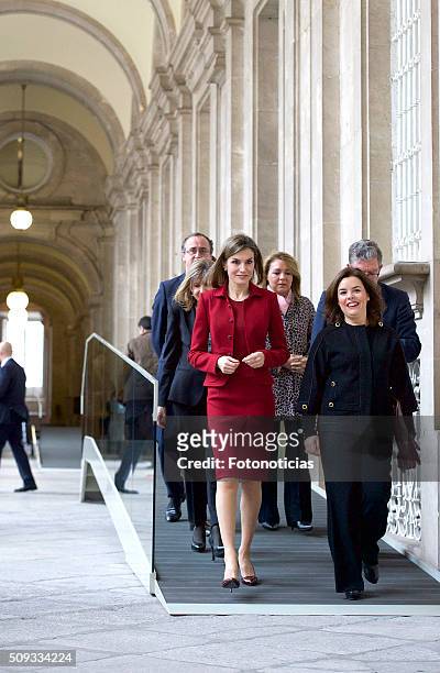 Queen Letizia of Spain and Spanish Vice President Soraya Saenz de Santamaria visit the Royal Palace on February 10, 2016 in Madrid, Spain