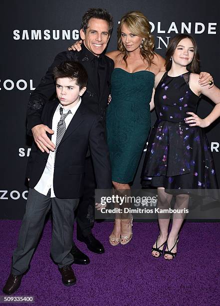 Quinlin Stiller, Ben Stiller, Christine Taylor and Ella Stiller attend the "Zoolander 2" World Premiere at Alice Tully Hall on February 9, 2016 in...