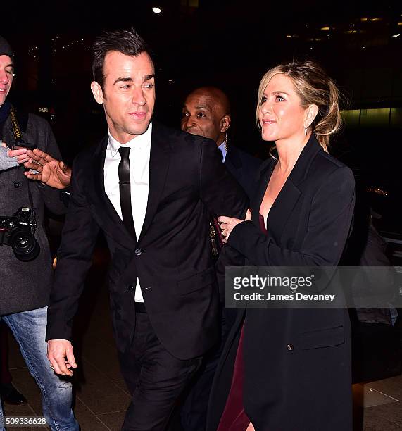 Justin Theroux and Jennifer Aniston arrive to "Zoolander 2" premiere after-party at Lincoln Center on February 9, 2016 in New York City.