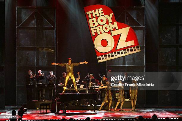 Actor Hugh Jackman and the cast of "The Boy from OZ" perform on stage during the "58th Annual Tony Awards" at Radio City Music Hall on June 6, 2004...