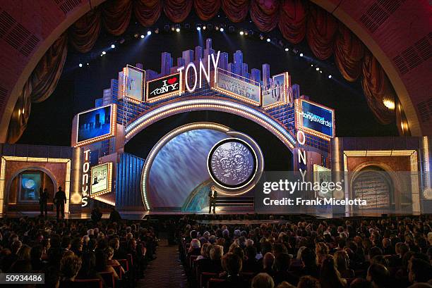 Host Hugh Jackman appears on stage during the "58th Annual Tony Awards" at Radio City Music Hall on June 6, 2004 in New York City. The Tony Awards...