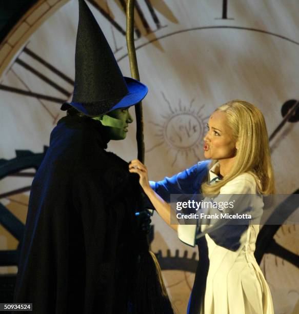 American singers and actresses Idina Menzel and Kristin Chenoweth of "Wicked" perform on stage during the "58th Annual Tony Awards" at Radio City...