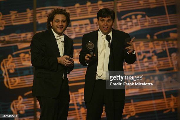 Robert Lopez and Jeff Marx , winner of "Best Original Score Written for the Theatre" for "Avenue Q" appear on stage during the "58th Annual Tony...