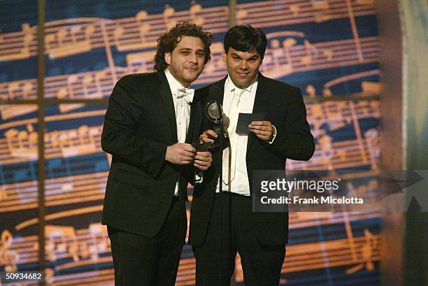 Robert Lopez and Jeff Marx , winner of "Best Original Score Written for the Theatre" for "Avenue Q" appear on stage during the "58th Annual Tony...