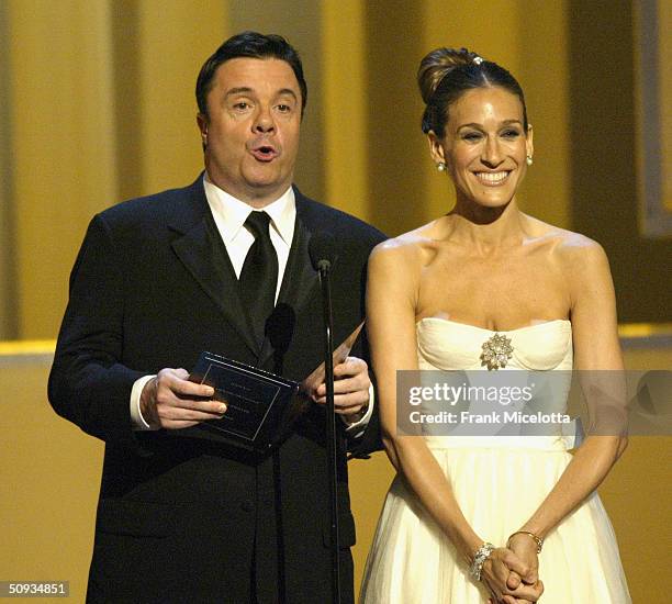 Presenters Nathan Lane and Sarah Jessica Parker appear on stage during the "58th Annual Tony Awards" at Radio City Music Hall on June 6, 2004 in New...