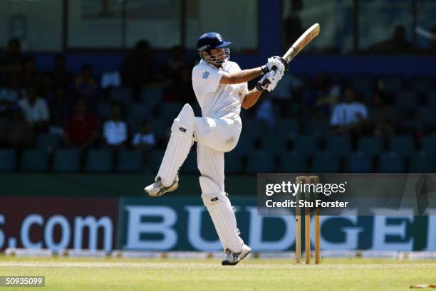 England captain Michael Vaughan hits out on the fourth day of the third test between Sri Lanka and England at The Sinhalese Sports Club on December...