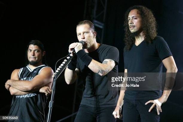 Metallica perform on stage at day two of the "Download Festival" at Donington Park on June 6, 2004 in Leicestershire, England. The rock festival...