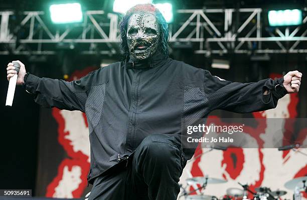 Slipknot perform on stage at day two of the "Download Festival" at Donington Park on June 6, 2004 in Leicestershire, England. The rock festival...