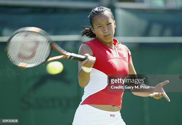 Anne Keothavong of Great Britain plays a forehand during her first round match against Marta Marrero of Spain, at the DFS Classic at Edgbaston on...