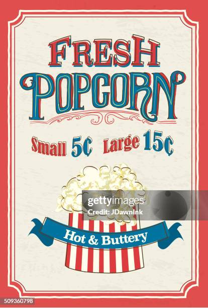 retro fresh popcorn hand lettered sign design - theatre script stock illustrations