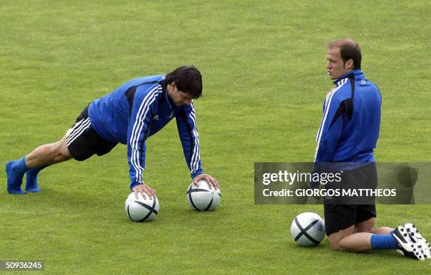 Portugal: Greece's defender Panagiotis Fyssas, player of Benfica , and Aggelos Basinas are seen on their second day of training at Rio Ave stadium in...