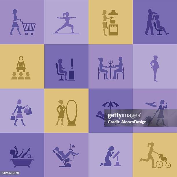 woman life icons - couple making dinner stock illustrations