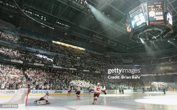 The Tampa Bay Lightning fans cheer their team on before the start of game seven of the NHL Stanley Cup Finals against the Calgary Flames on June 7,...