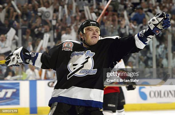 Ruslan Fedotenko of the Tampa Bay Lightning celebrates his first period goal against the Calgary Flames in game seven of the NHL Stanley Cup Finals...