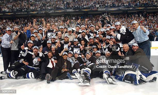 The Tampa Bay Lightning pose for a team photo with the Stanley Cup after defeating the Calgary Flames 2-1 in game seven of the NHL Stanley Cup Finals...