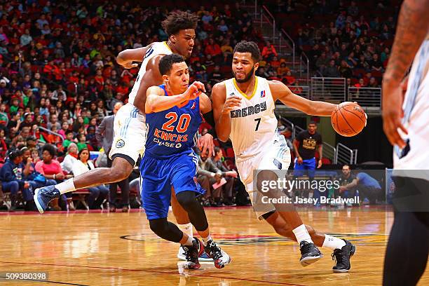 Andrew Harrison of the Iowa Energy drives to the basket against Travis Trice II of the Westchester Knicks in an NBA D-League game on February 9, 2016...