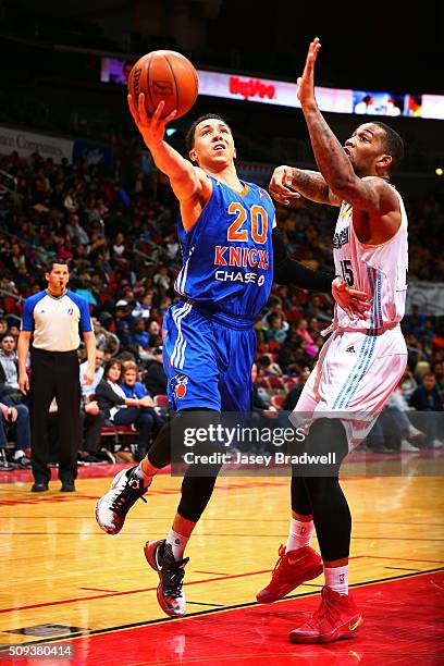 Travis Trice II of the Westchester Knicks drives to the basket against the Iowa Energy in an NBA D-League game on February 9, 2016 at the Wells Fargo...