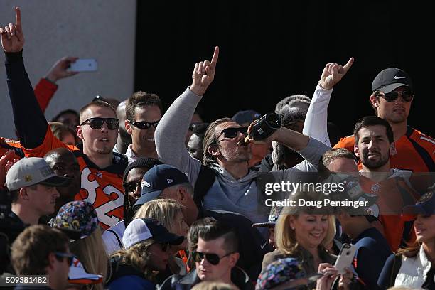 Jeff Heuerman, Owen Daniels, Brandon McManus and Brock Osweiler of the Super Bowl 50 Champion Denver Broncos celebrate on the steps of the Denver...