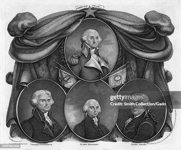 Engraving depicting four oval portraits of Presidents of the United States, at the top George Washington, underneath Thomas Jefferson, James Madison,...
